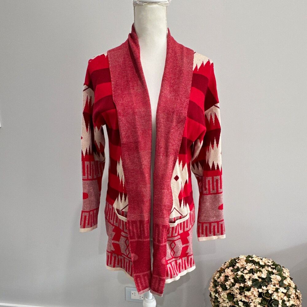 Juoiantang Red/White Aztec Geometric Shawl Collar Cardigan Pockets Sz M